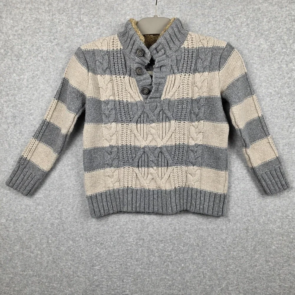 GapKids Sweater Boys Small 6-7 Gray Beige Stripe Shawl Collar‎ Cable Knit Warm